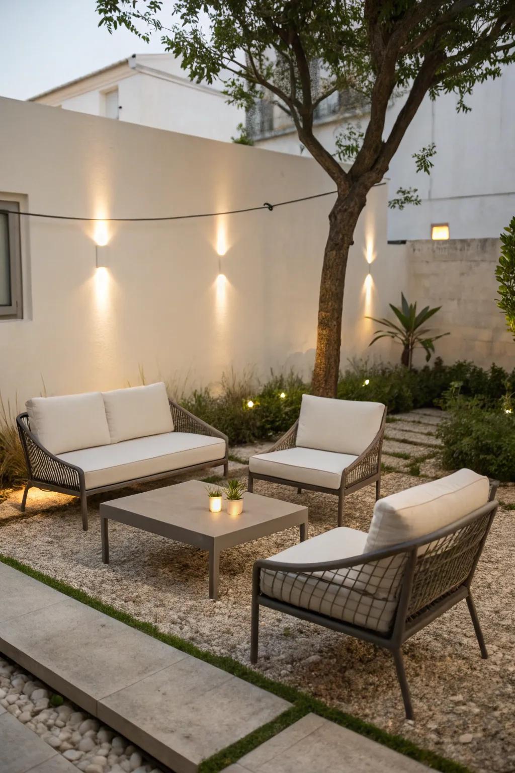Minimalist garden furniture introducing contemporary elegance to a confined area.