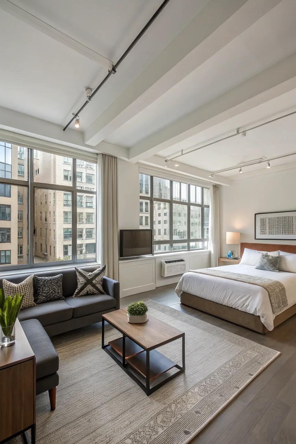 A modern studio apartment showcasing an open space concept, perfectly combining living and sleeping areas.