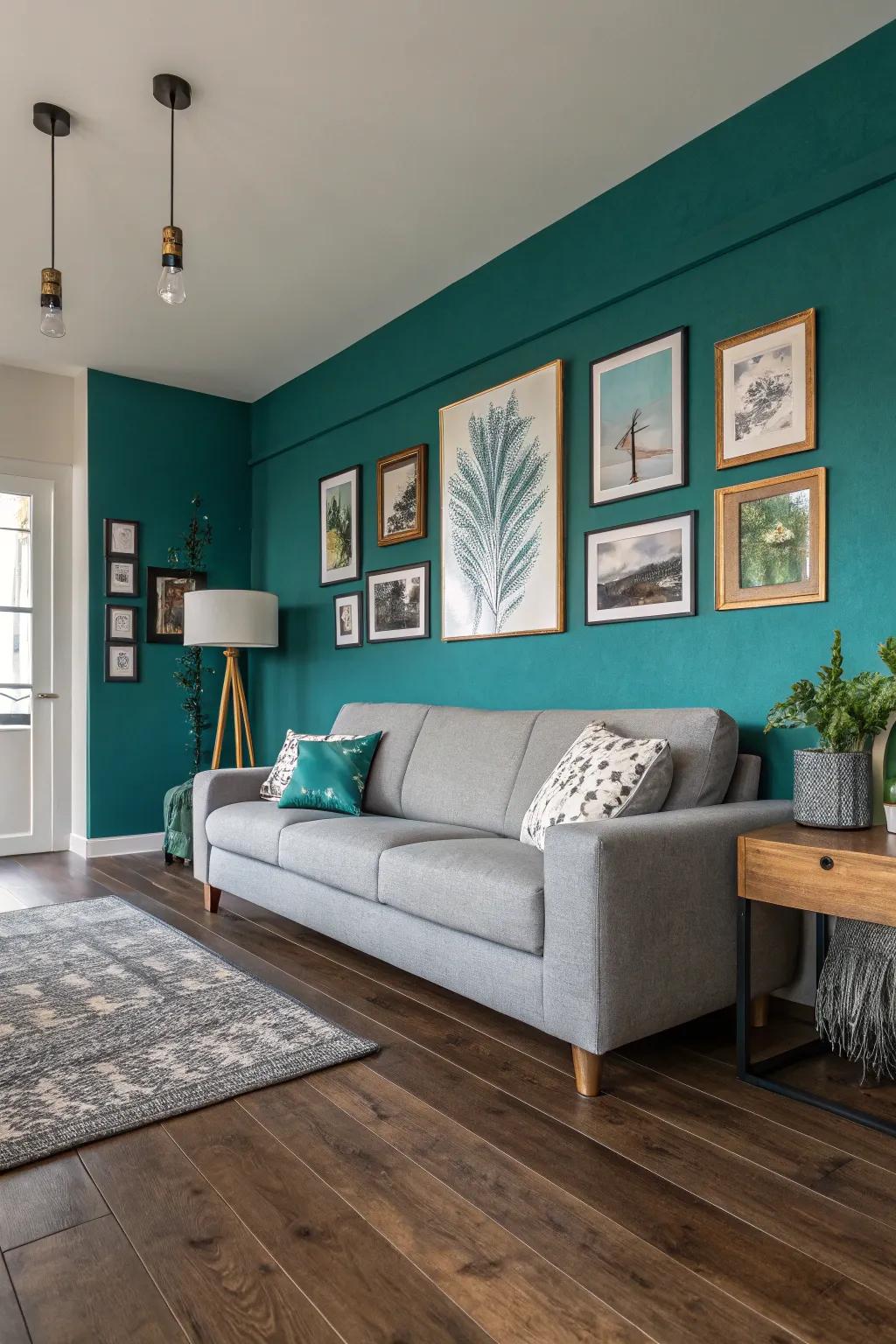 Teal accent wall paired with a grey sofa to create a striking visual appeal.