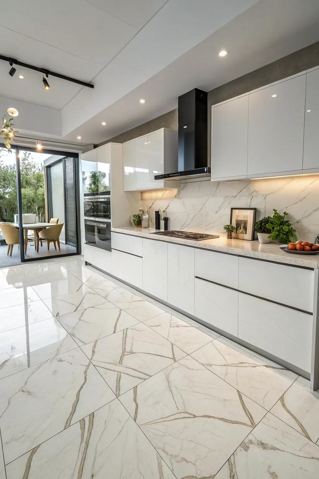 Sleek large format tiles craft a modern, smooth kitchen surface.