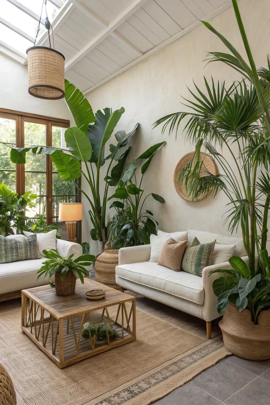 A modern tropical living room accented with rich foliage and minimalist decor.