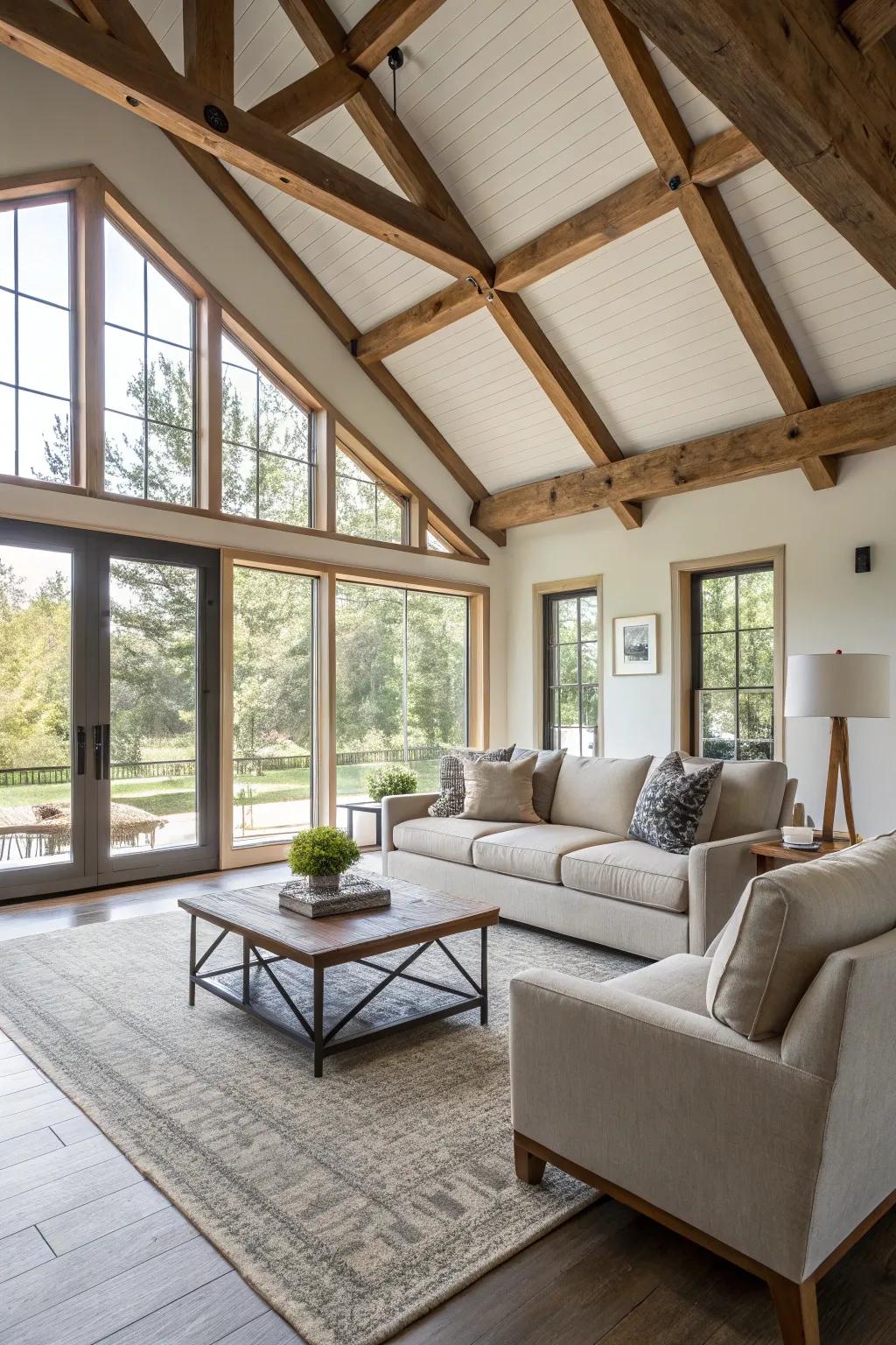 Revealed wooden beams infuse this contemporary living area with warmth and personality.