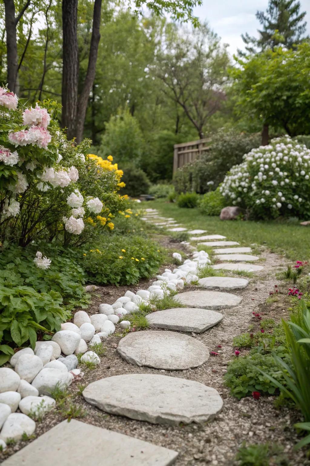 An endearing garden pathway crafted from alabaster stones and footrests, beckoning exploration.