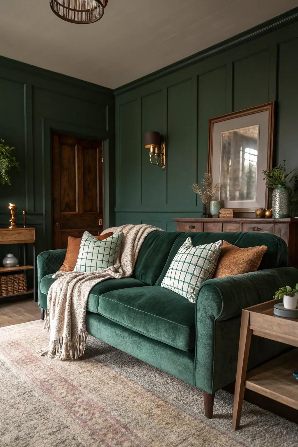 A living room featuring dark green walls and velvet textures for a dimly lit setting.