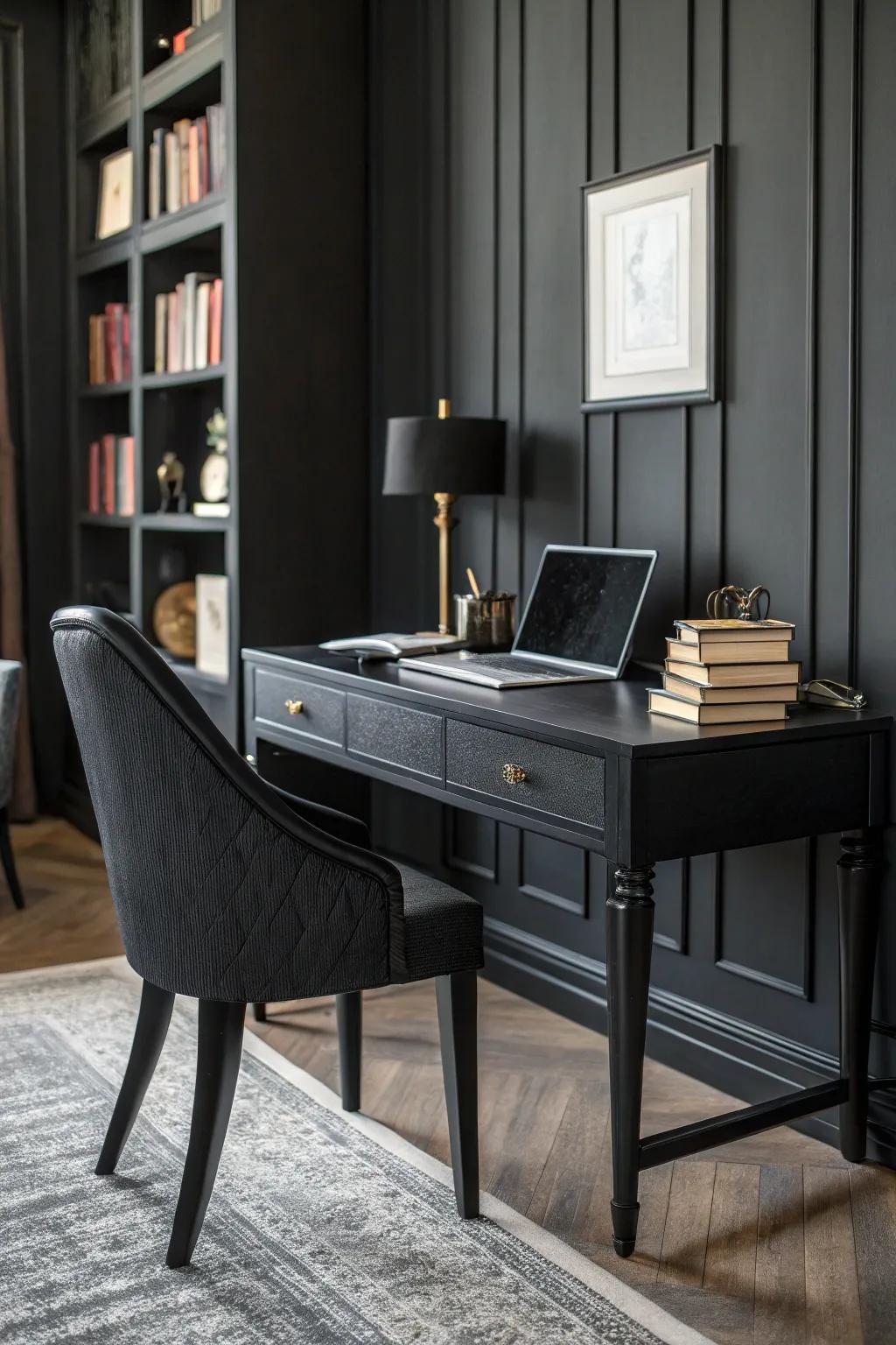 A seamless blend of dark tones for a moody office vibe.