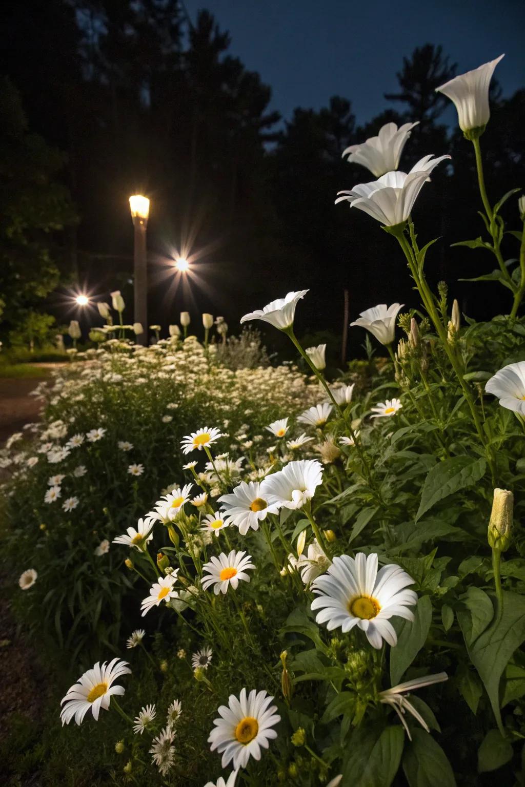 White flowers like Shasta daisies and moonflowers glowing under moonlight.