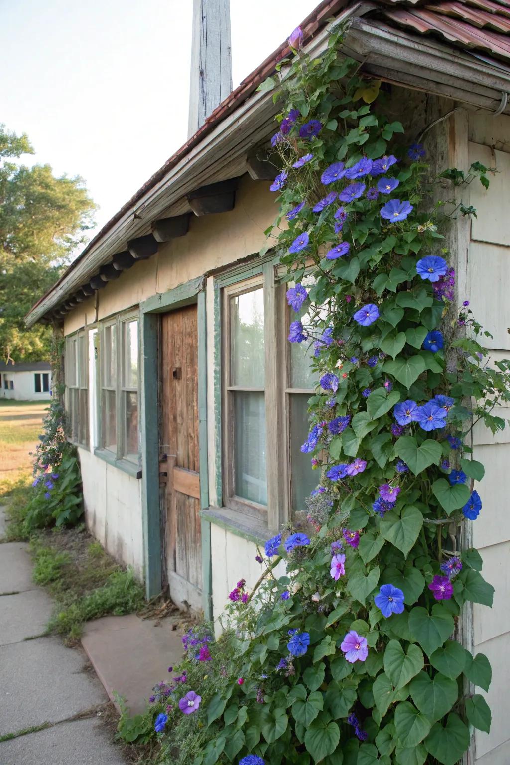 Morning glories framing house windows with vibrant blooms.