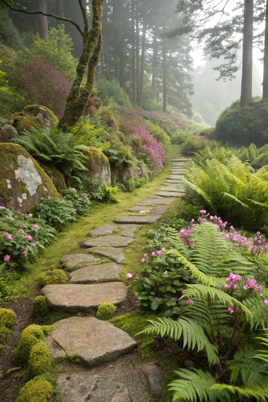 An enchanting moss stone pathway meandering through a lively garden.