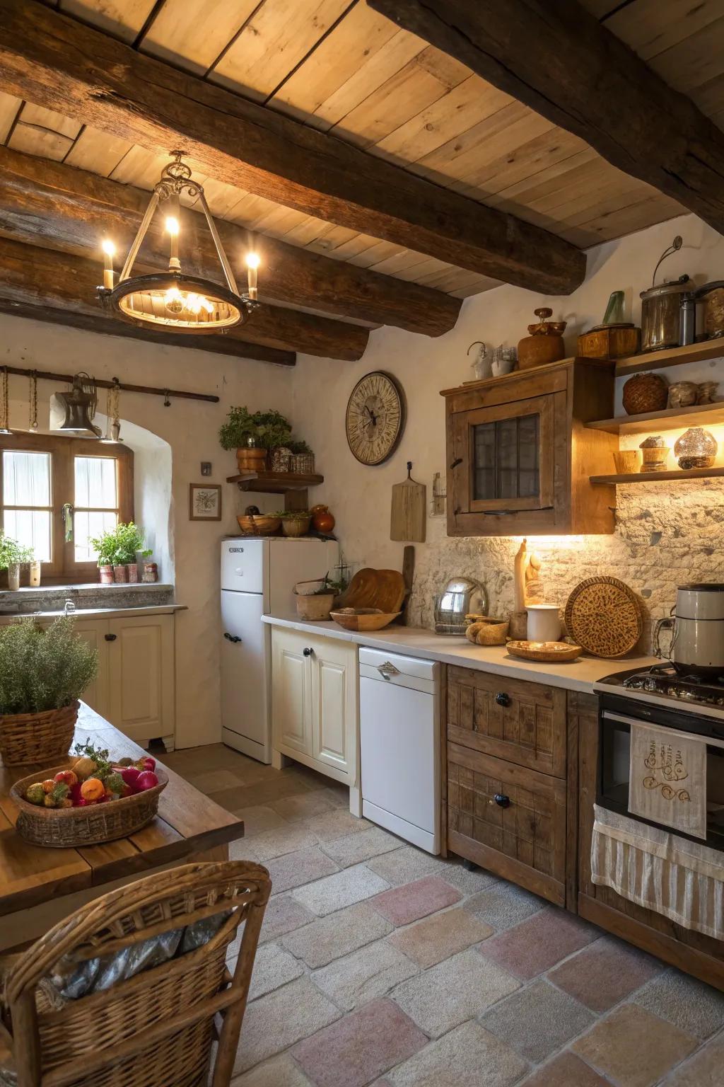 Revealed wooden beams infuse a sense of countryside allure and coziness into this mountain kitchen.