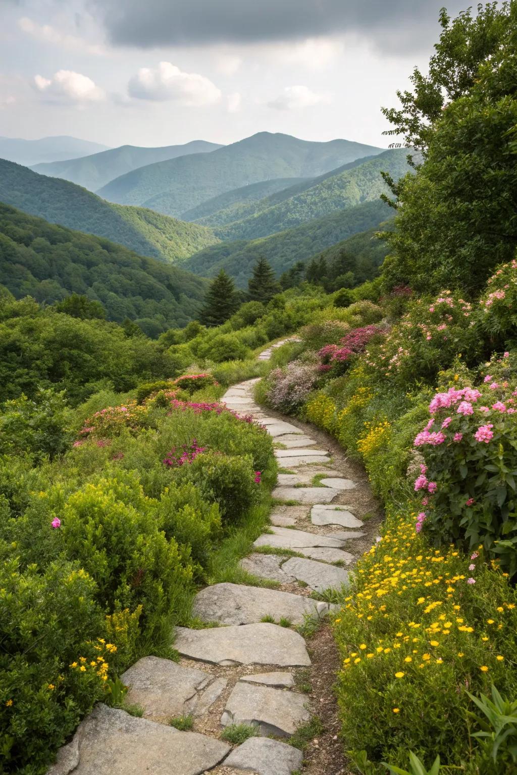 A twisting stone walkway meandering through a lively mountain garden.