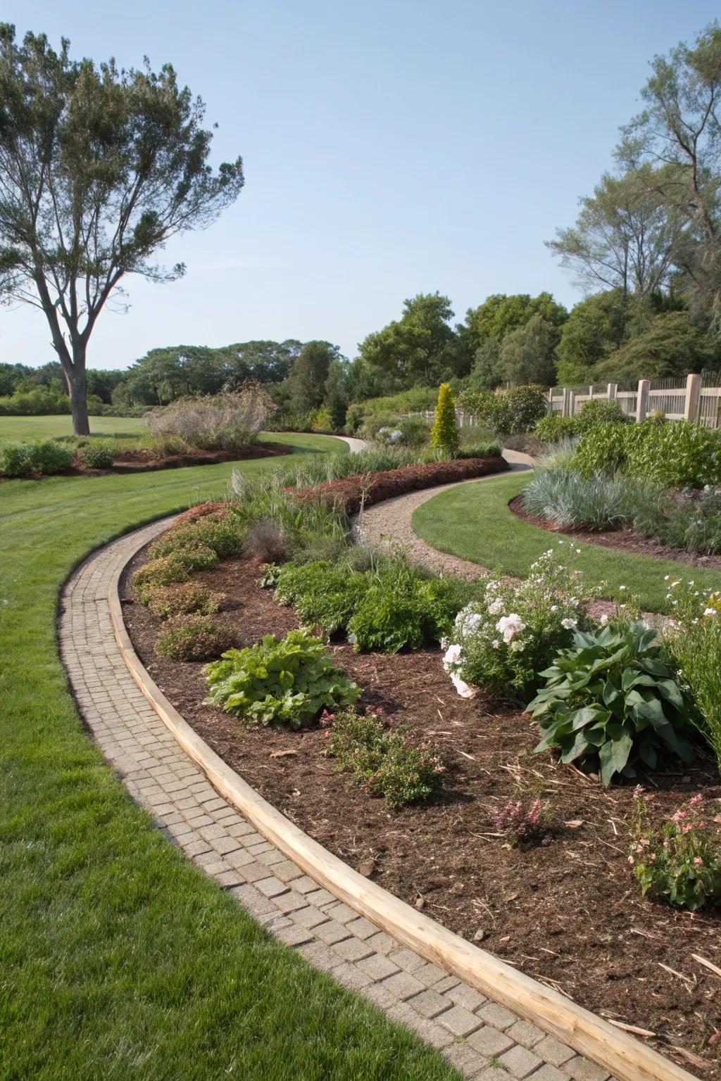Curved mulch borders create a soft, natural look.