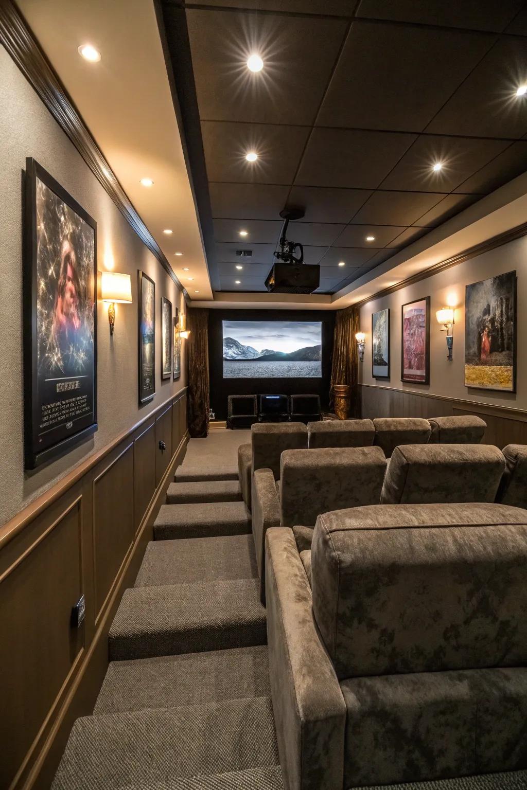 Multi-level seating enhances viewing in cozy spaces.