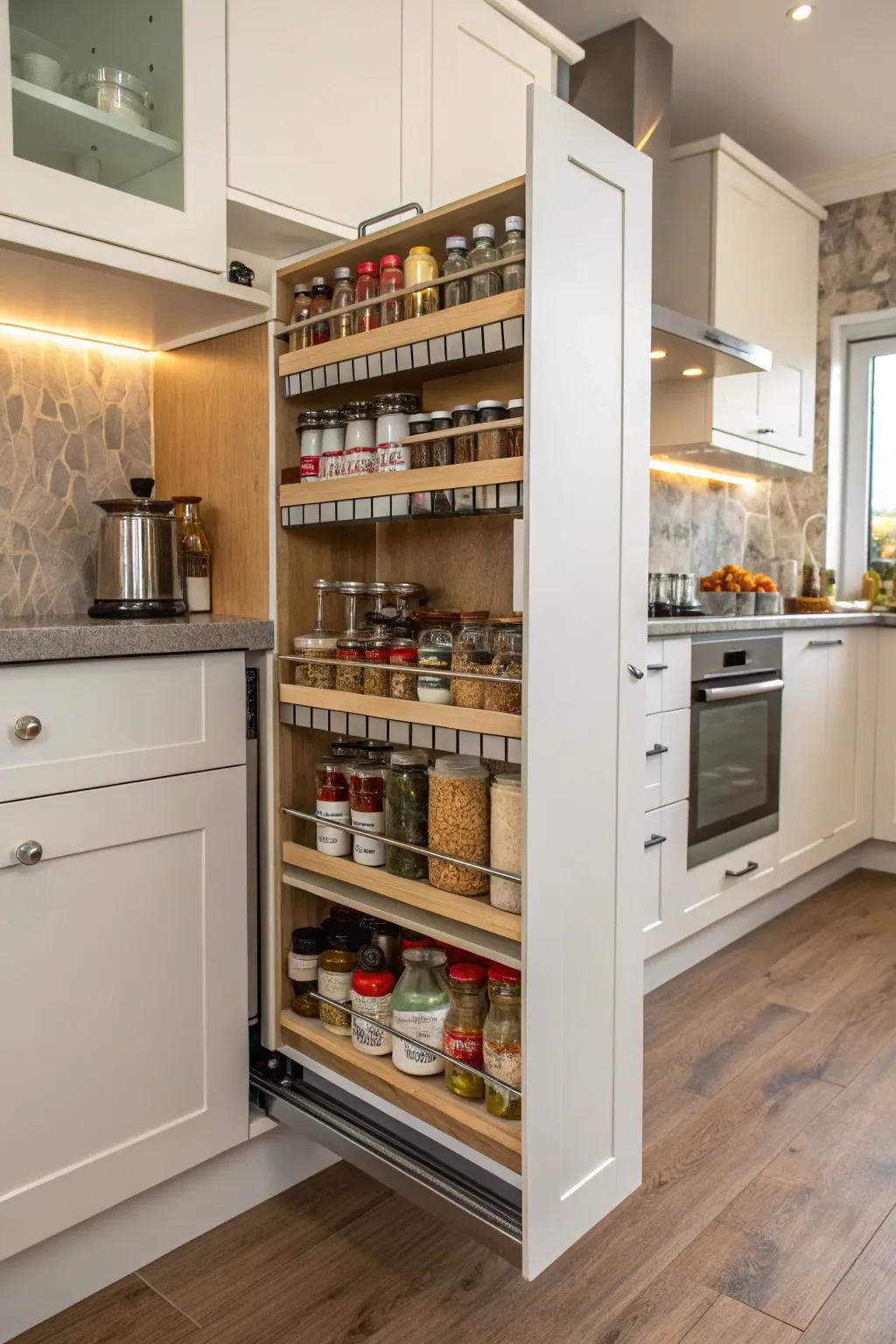 A slender slide-out cabinet showcasing meticulously arranged spices and vital kitchen supplies.