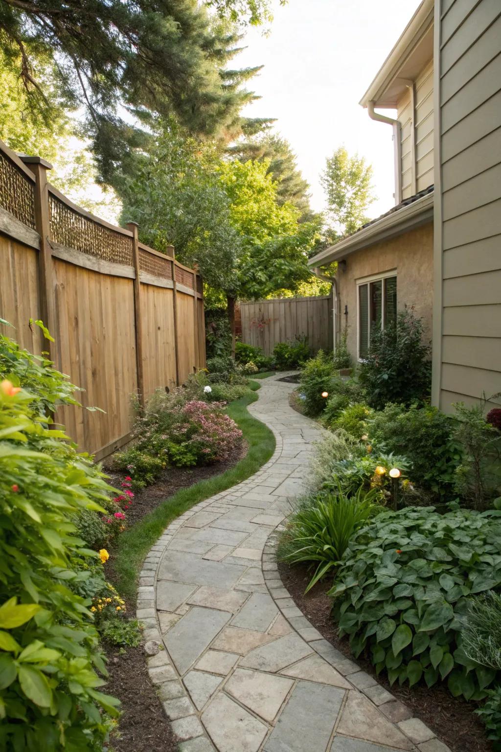 A curving pathway adds depth and intrigue to narrow spaces.