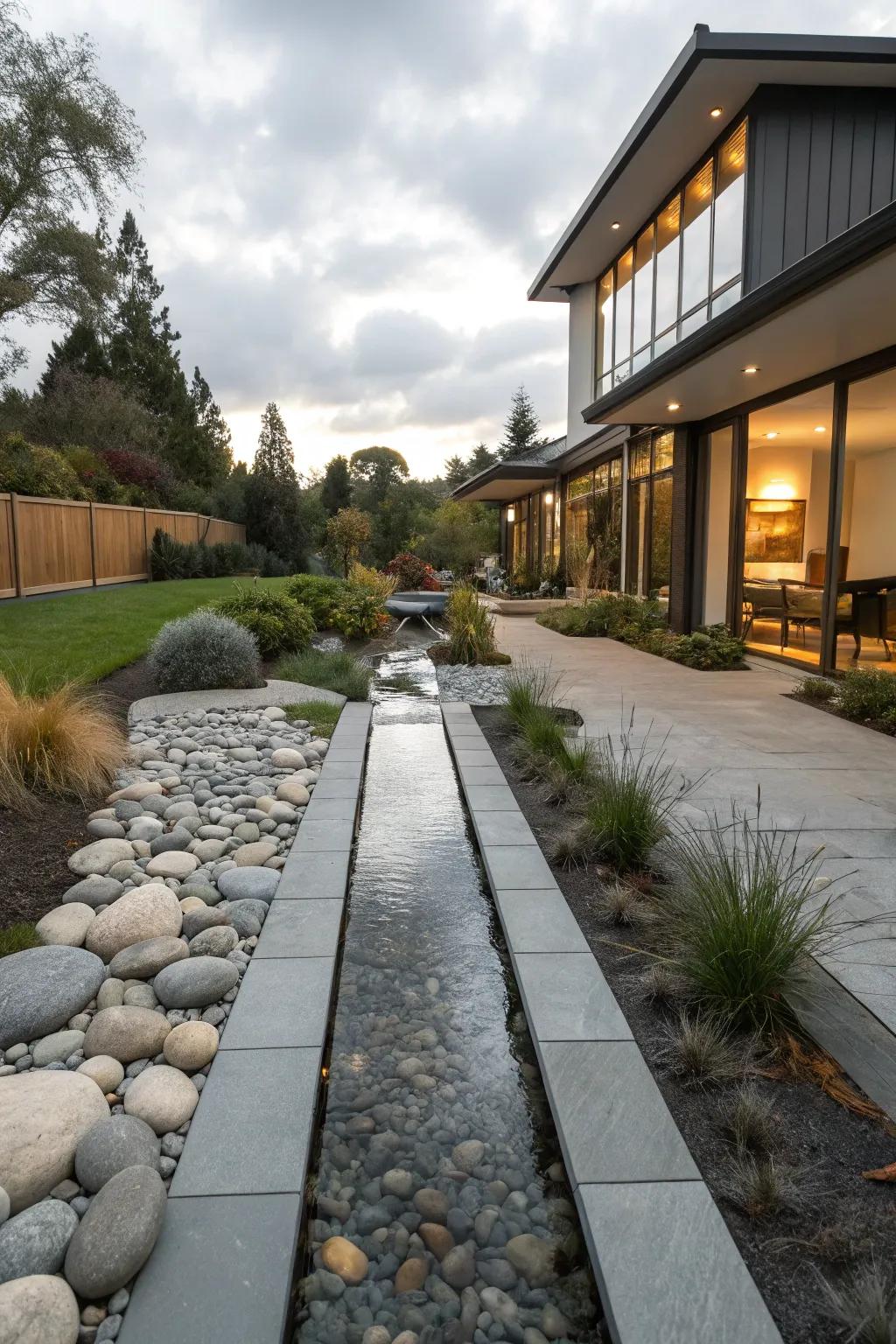 A sleek, straight stream design for a modern backyard.