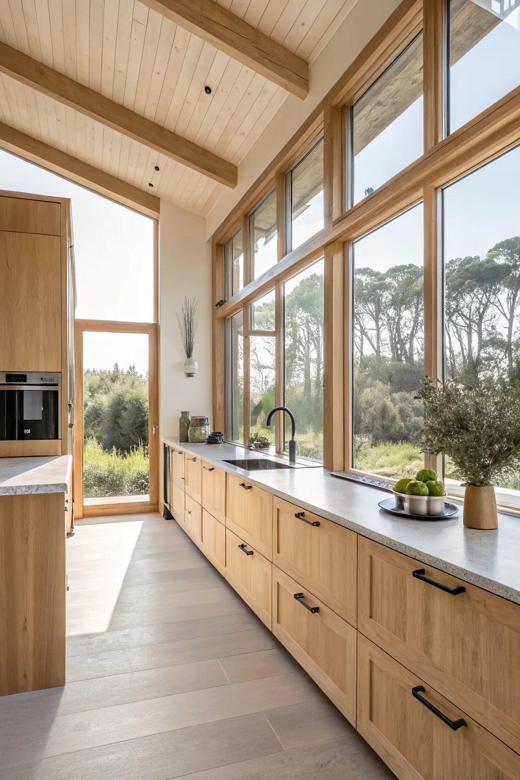 Pale timber cabinets cultivate an appealing and energizing ambiance.