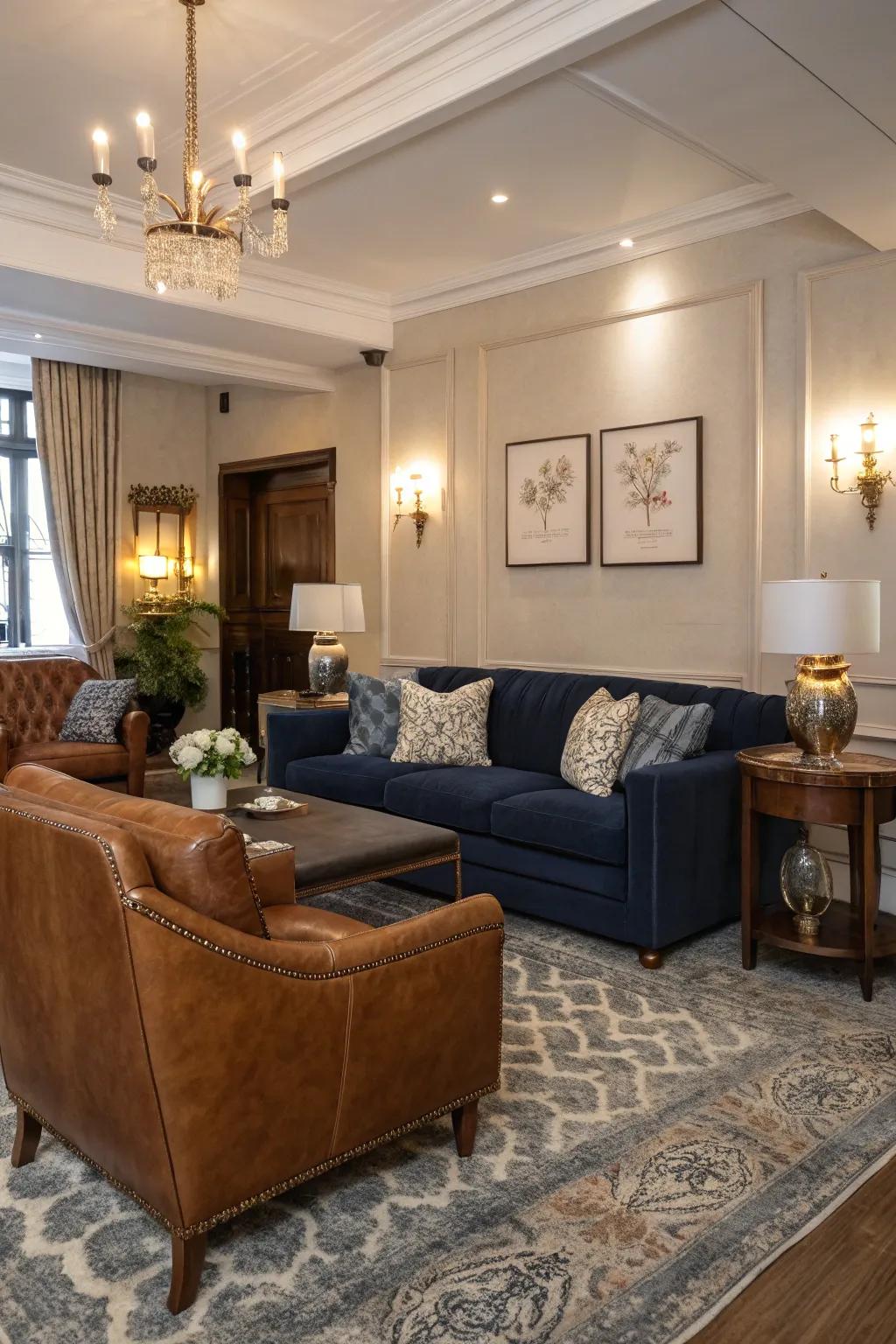 Navy blue and brown leather create a luxurious and inviting living room.