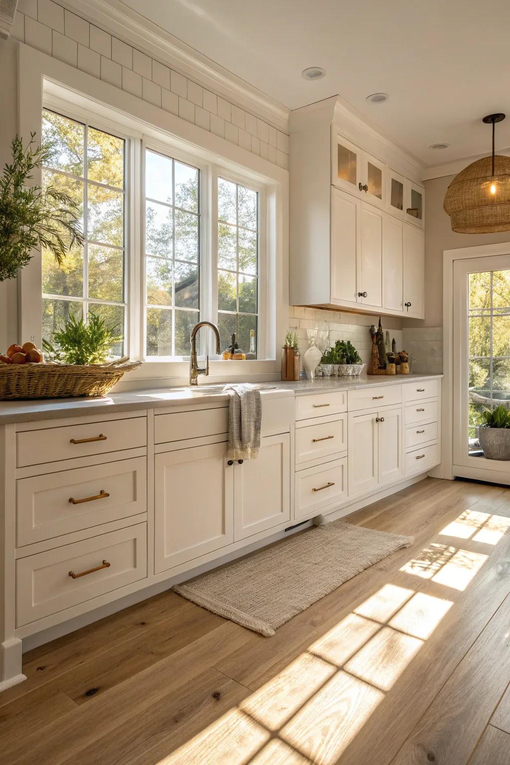 Gentle whites craft a pure and soothing kitchen ambiance.
