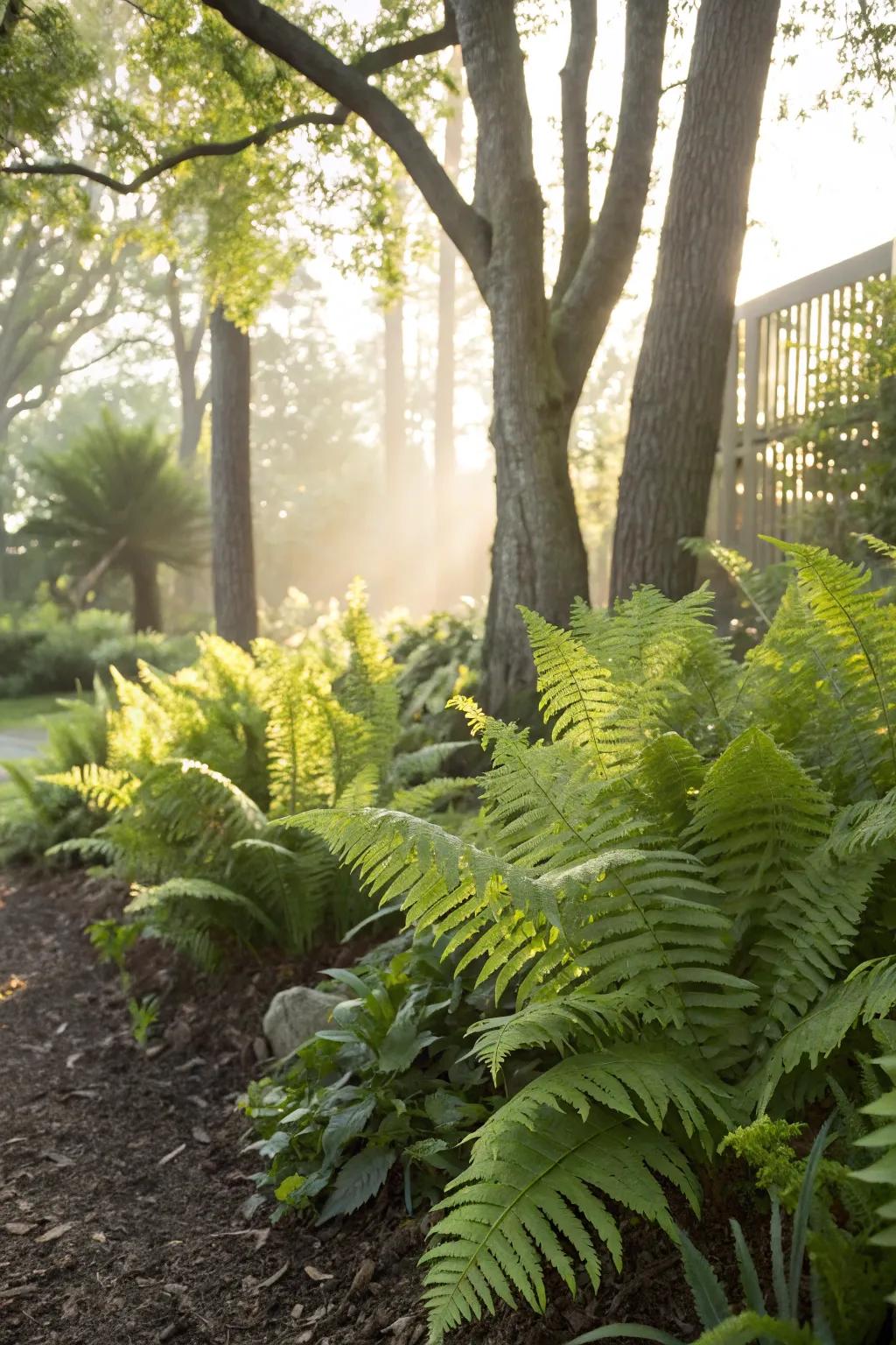 An array of ferns creating diverse textures in the secluded corner of a shaded garden.