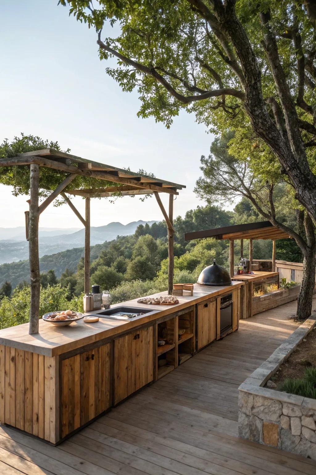 Wooden elements bring rustic charm to this off-grid outdoor kitchen.