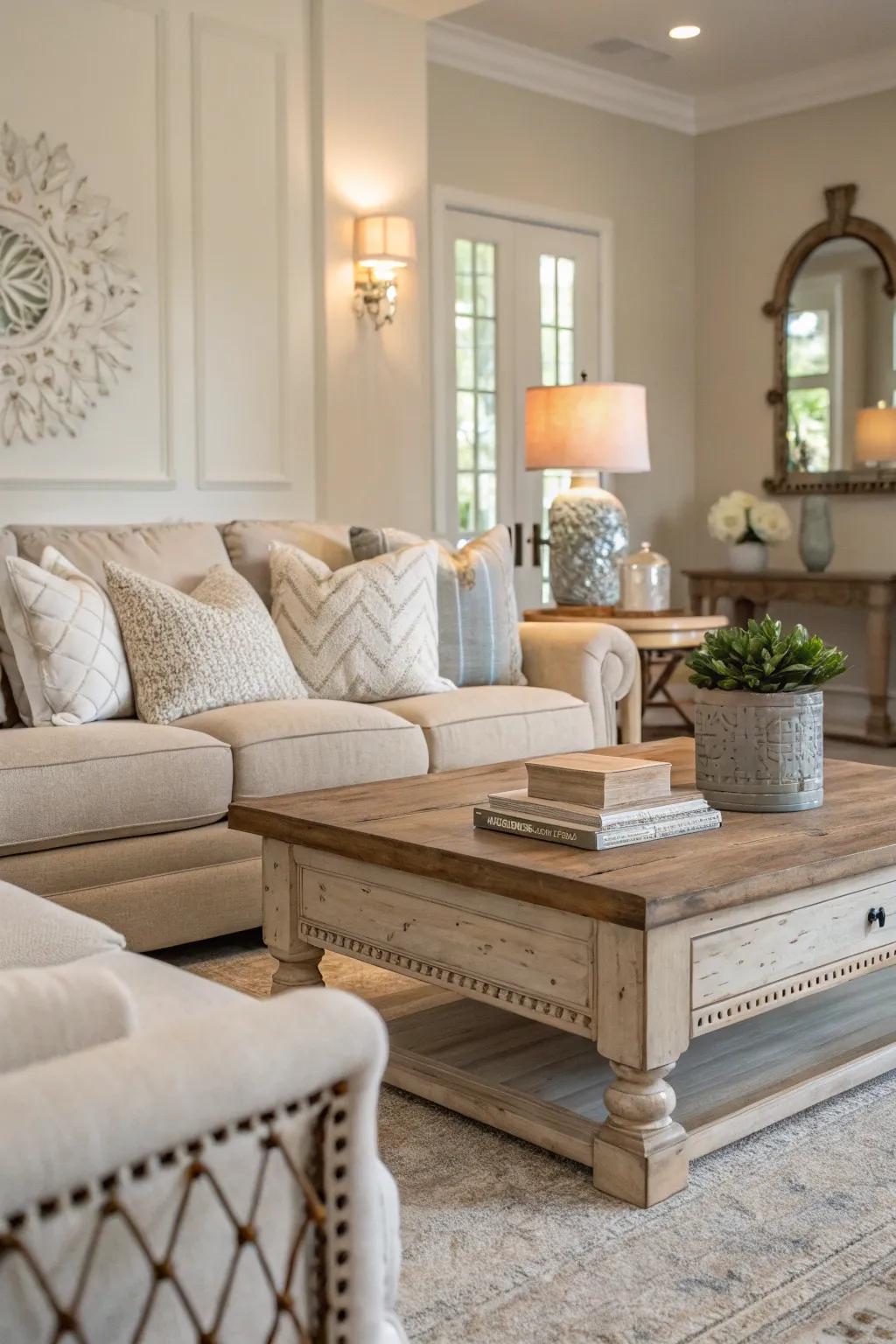 A peaceful, subdued spectrum enhances the elegance of this pale ivory living space.
