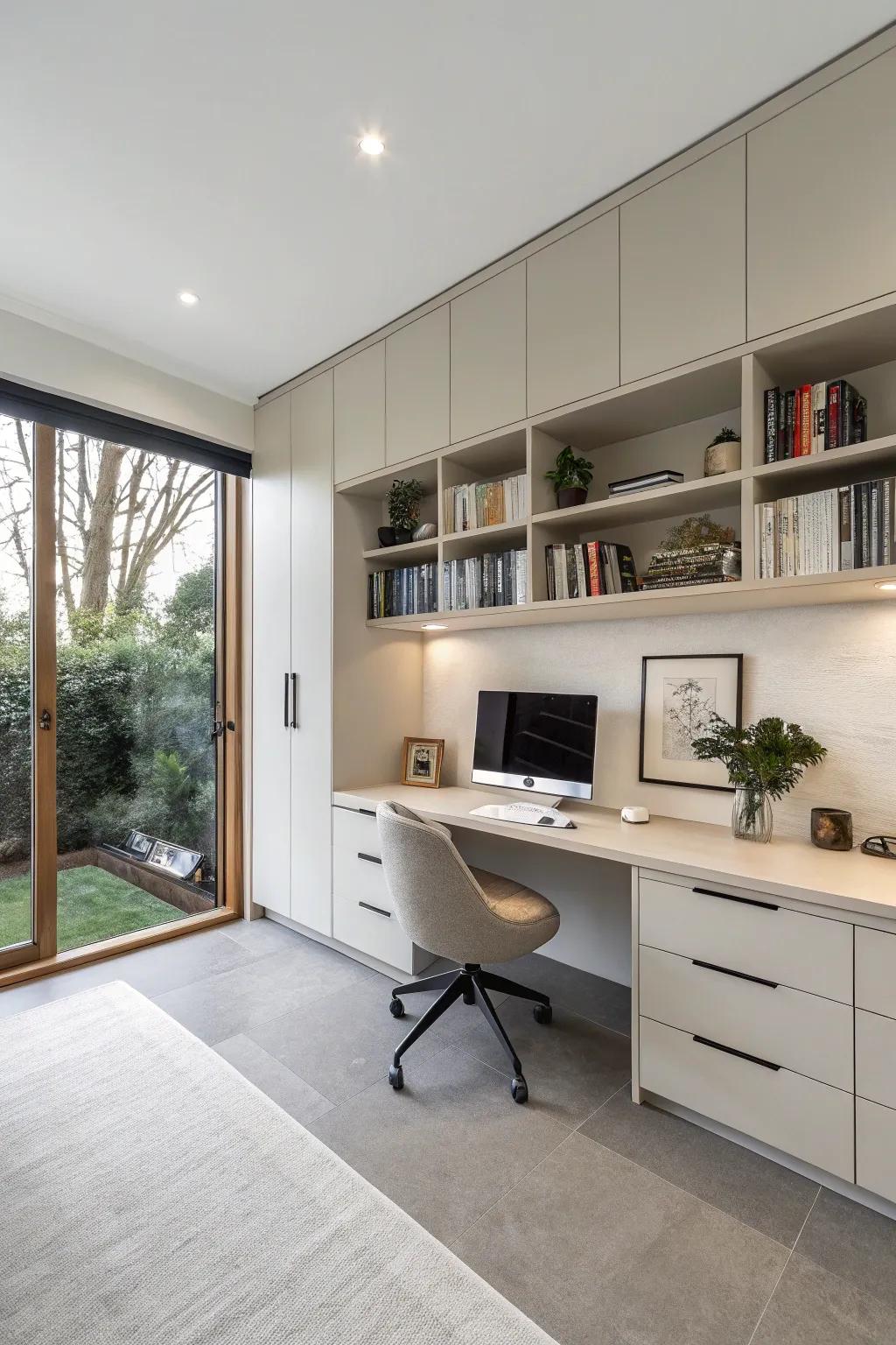 Integrated desk and cabinets offer a sleek and efficient workspace.