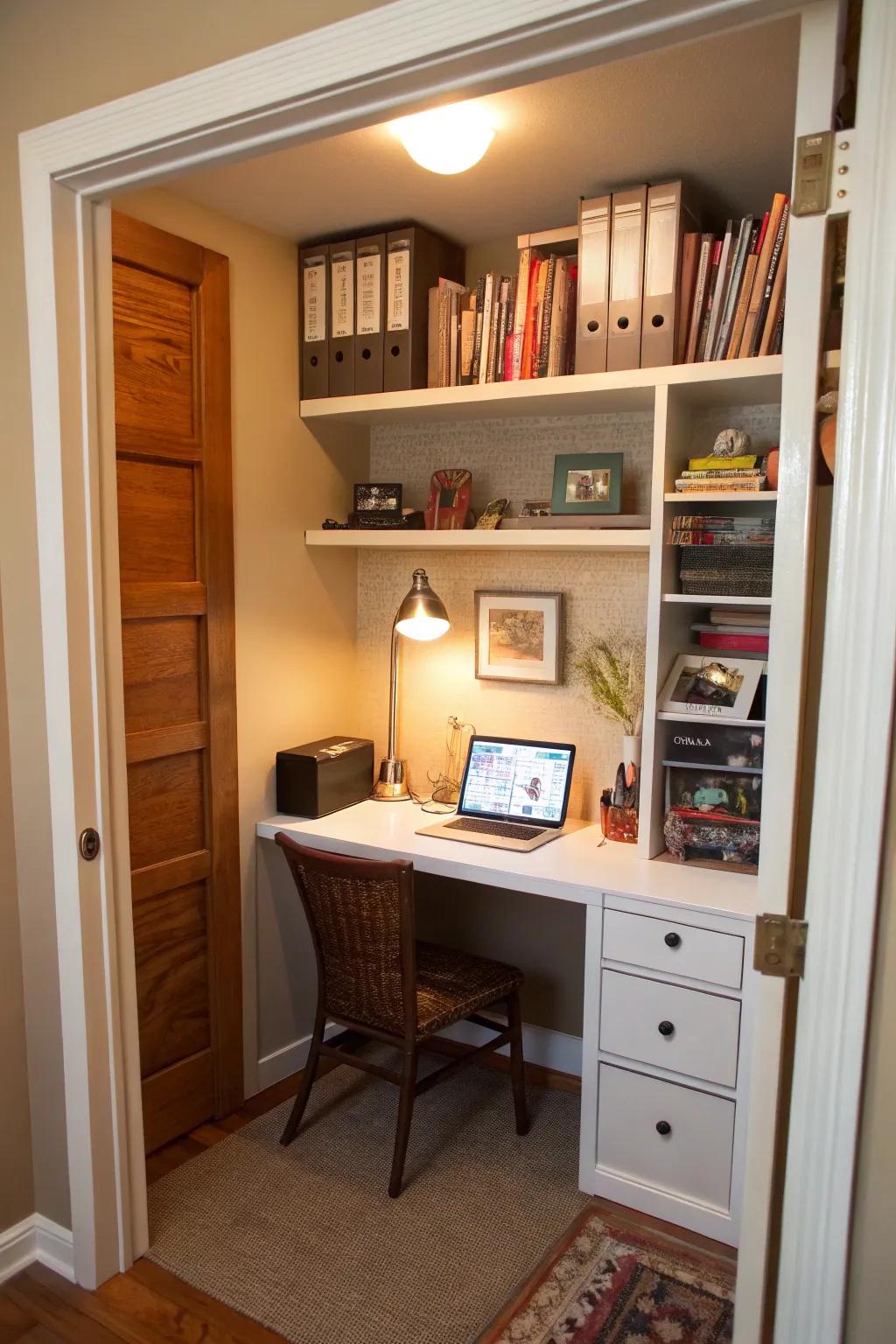 A small closet can evolve into a perfectly concealed workspace with the proper configuration.