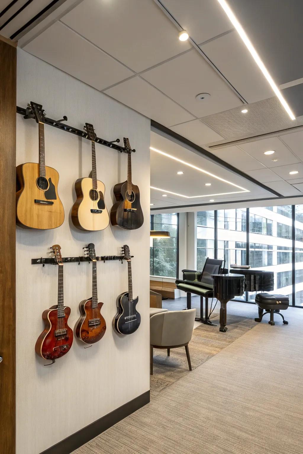Guitars displayed on the wall infuse artistry into the space.