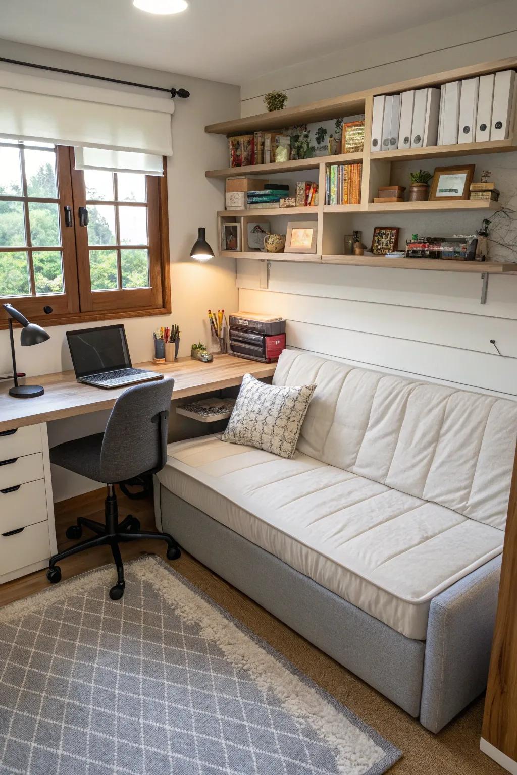 An adaptable home office showcased with a transforming couch.