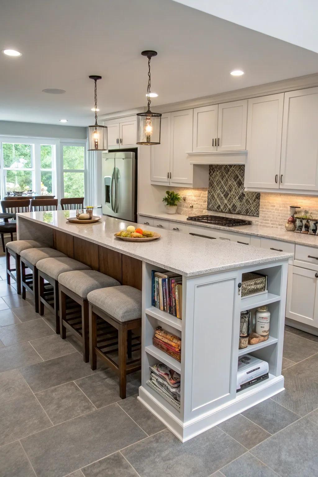 An island that combines storage, seating, and prep space in a one-wall kitchen.