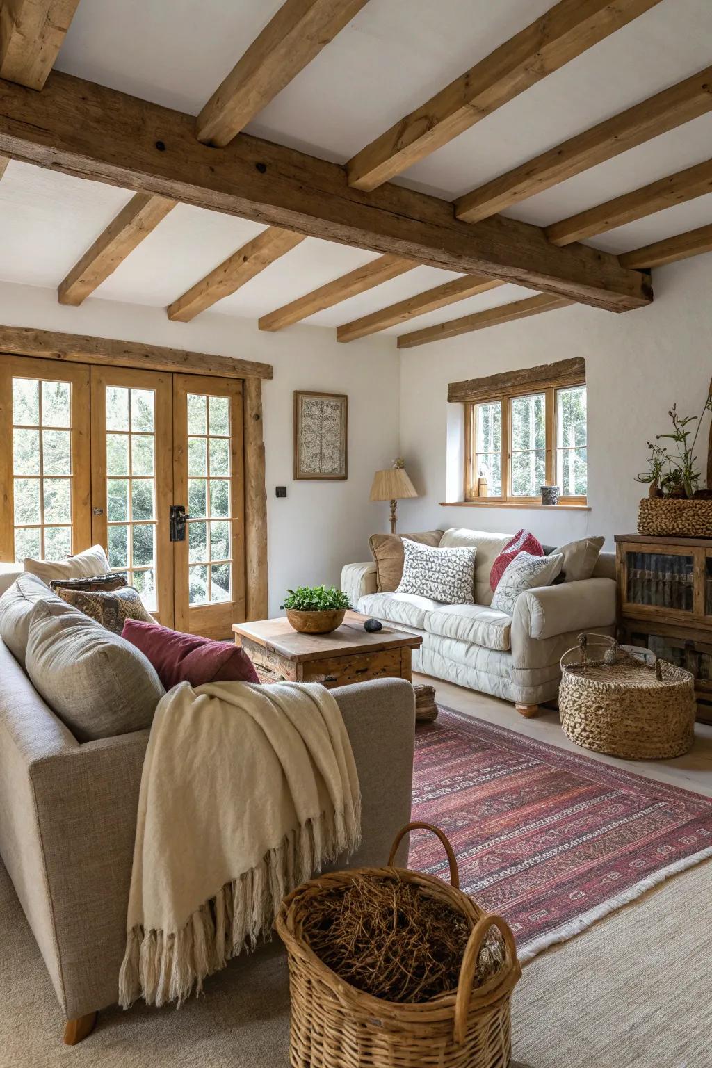 Exposed wooden beams add rustic charm and warmth to this cozy living room.