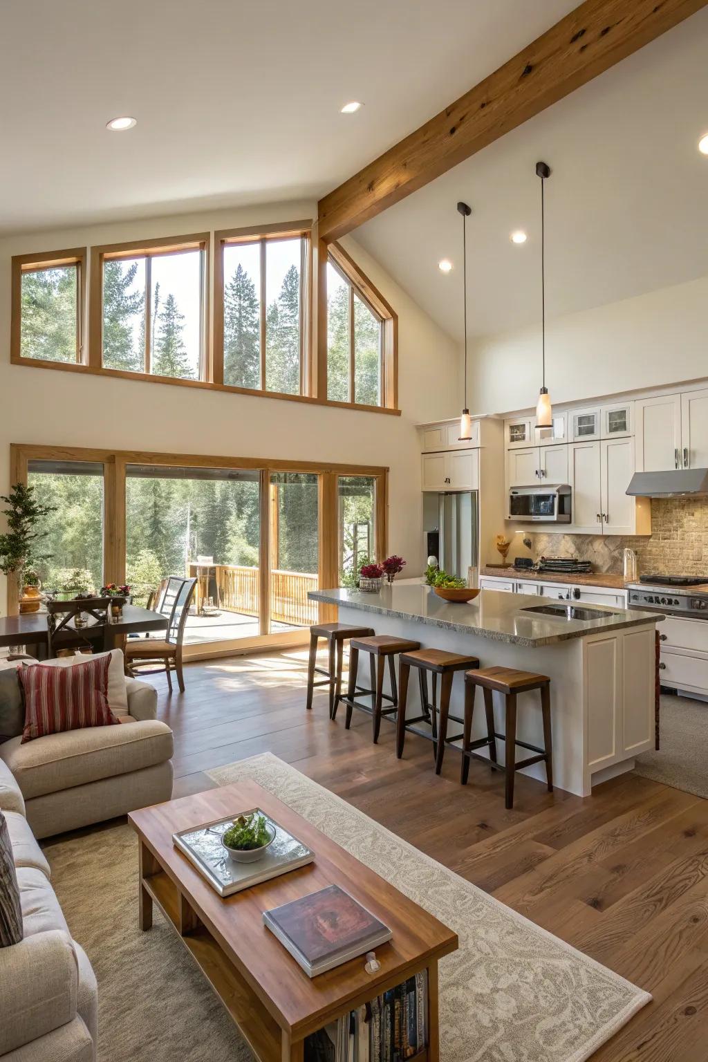 A seamless transition between kitchen and living spaces creates a harmonious flow.