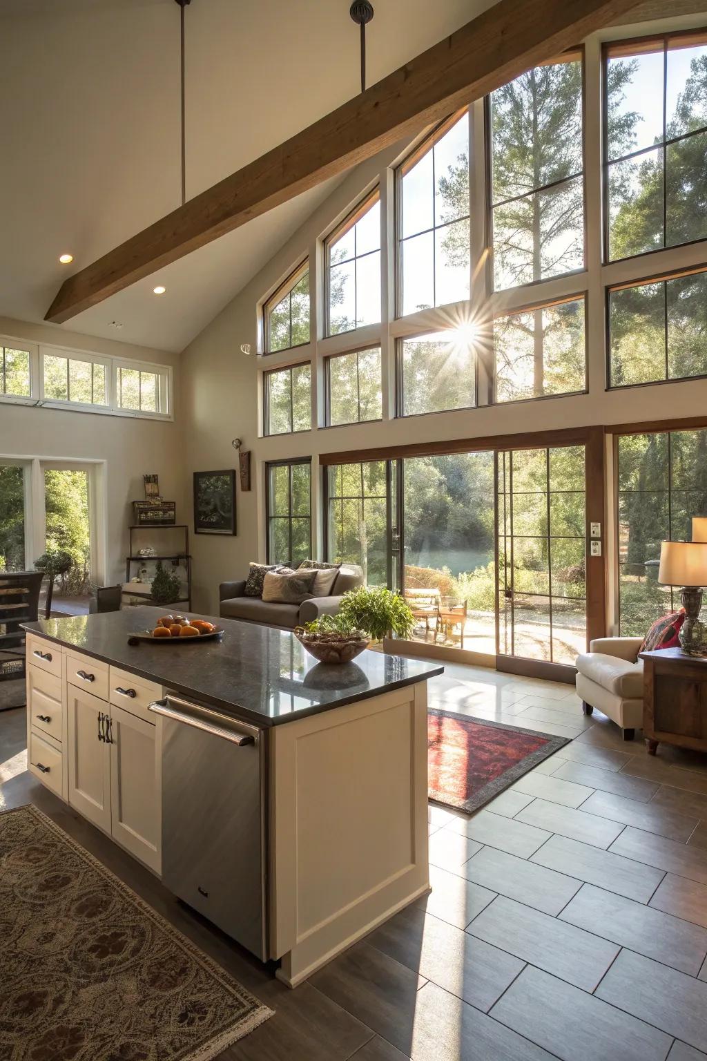 The infusion of natural light enhances the atmosphere of this open-plan kitchen and living area.