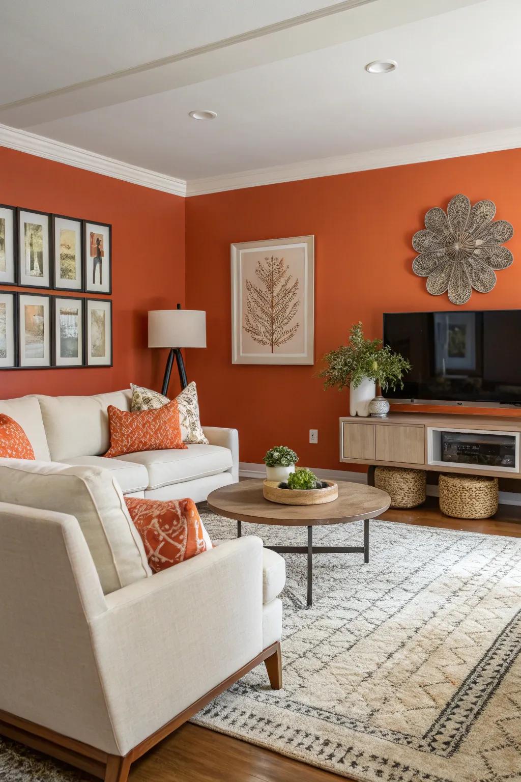 An eye-catching orange statement wall enlivens this contemporary living space.