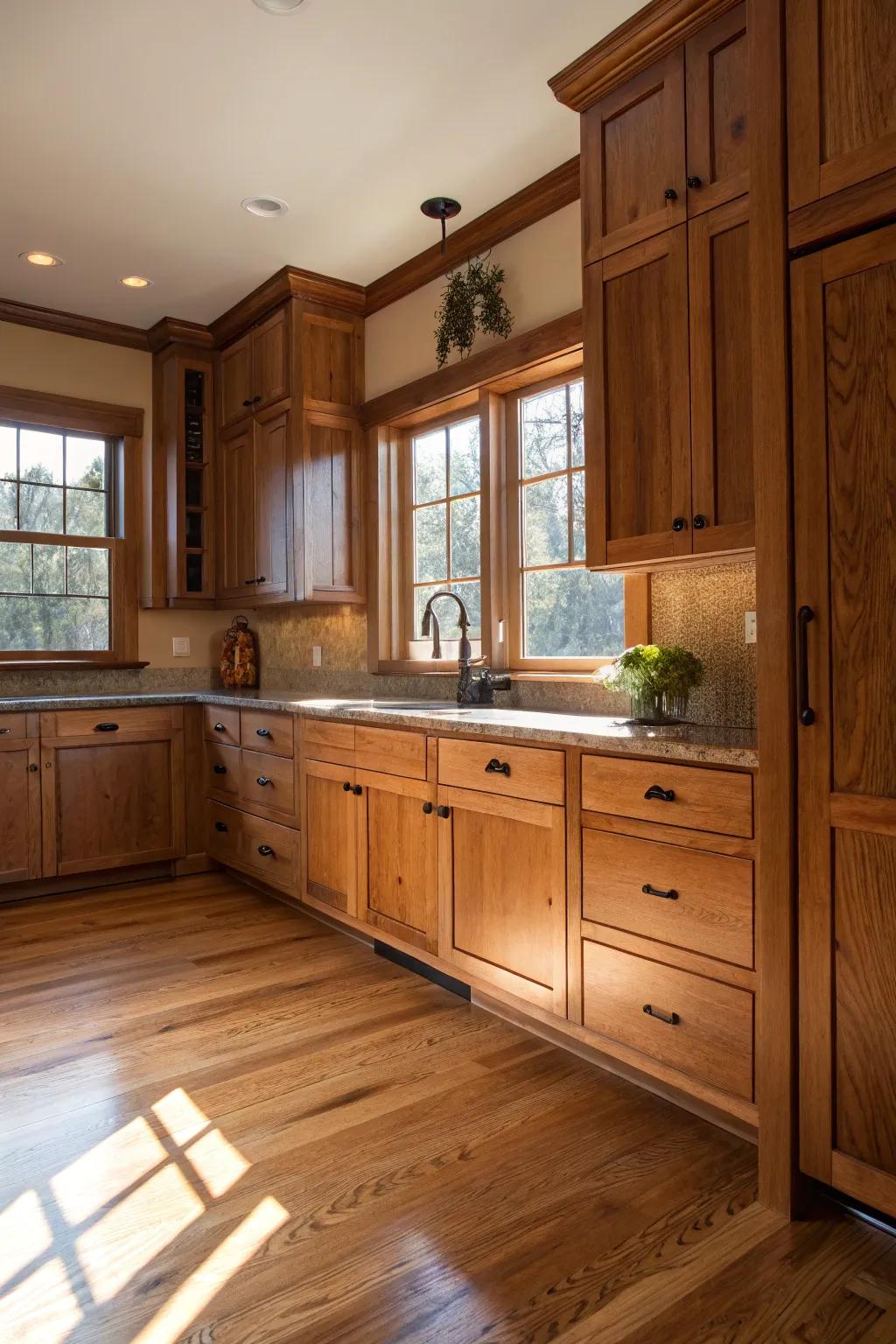 Components made of natural wood contribute heat and authenticity to this elegant kitchen style.