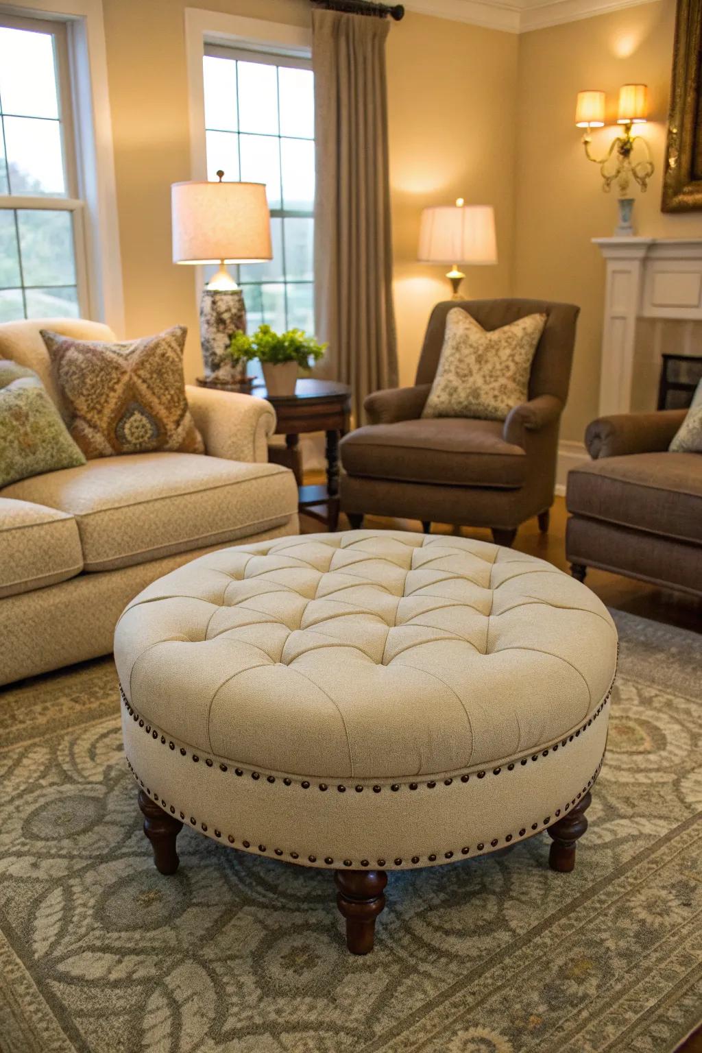 This ottoman adds flexible seating options to the living room.