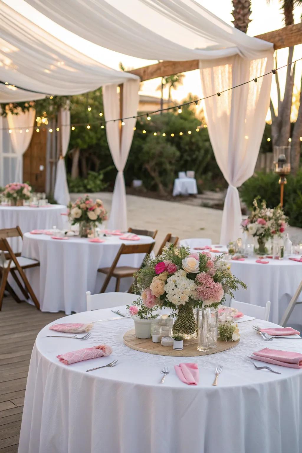 Refined table presentations seamlessly blend ease and elegance for an outdoor baptism.