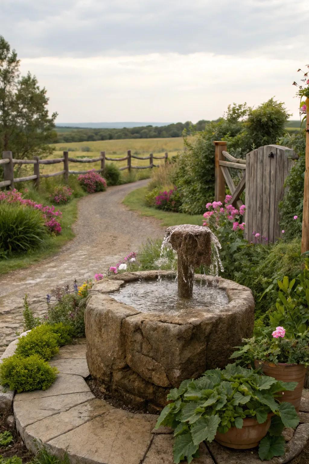 A natural stone fountain that integrates beautifully with the garden's greenery.
