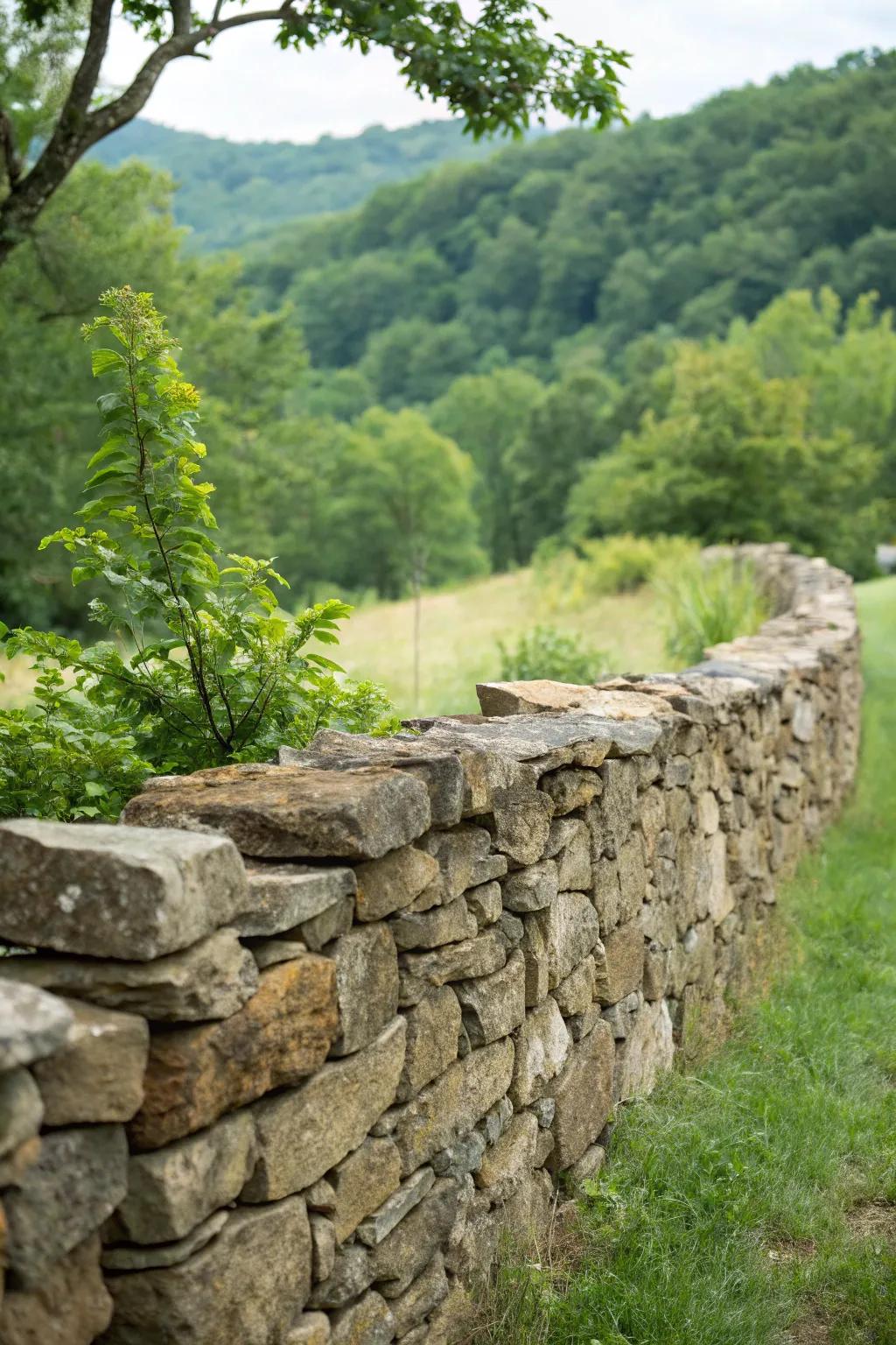 Walls of natural stones lend the charm of the countryside to gardens.