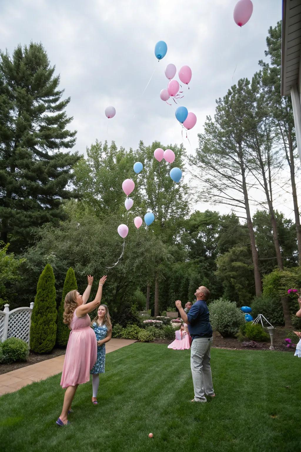 Pure joy as the balloons take flight, disclosing the anticipated gender in a cascade of color.