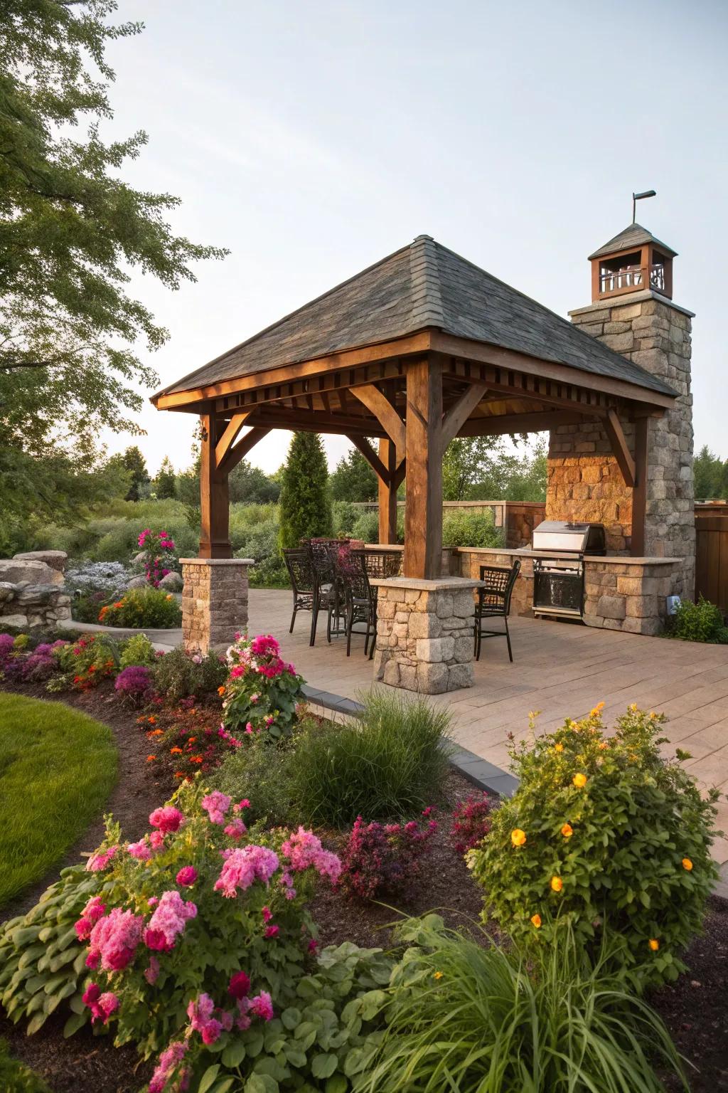 A rustic wooden gazebo with stone accents, perfect for a cozy grilling setup.