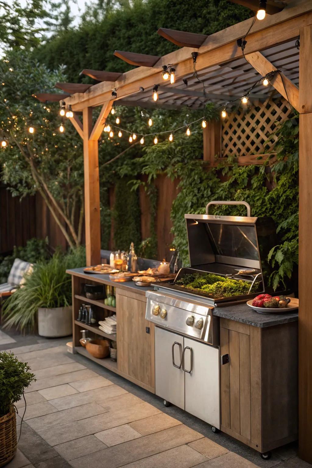 A cooking area under a pergola gives shelter and flair.