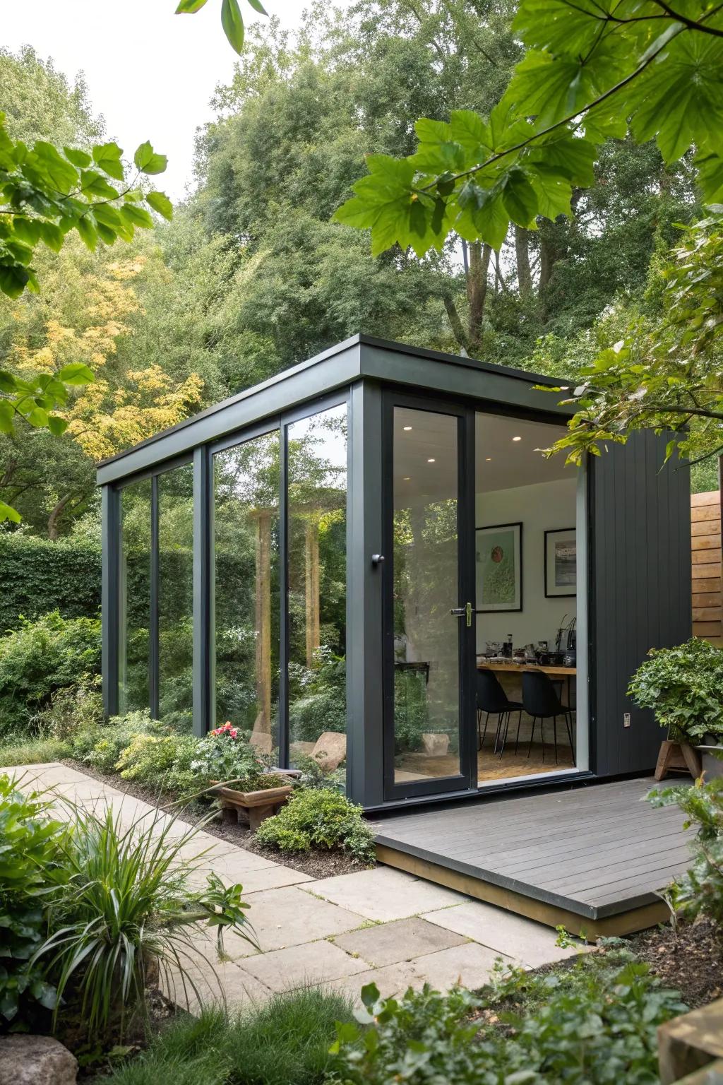 A sleek, modern garden office pod offers privacy and style.