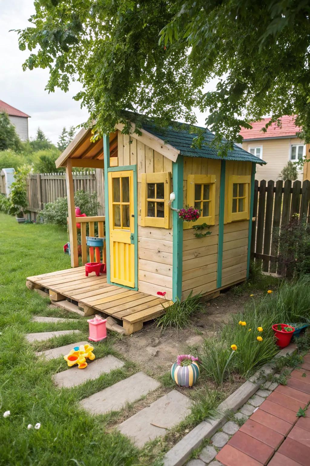 Charming playhouse made from repurposed materials.