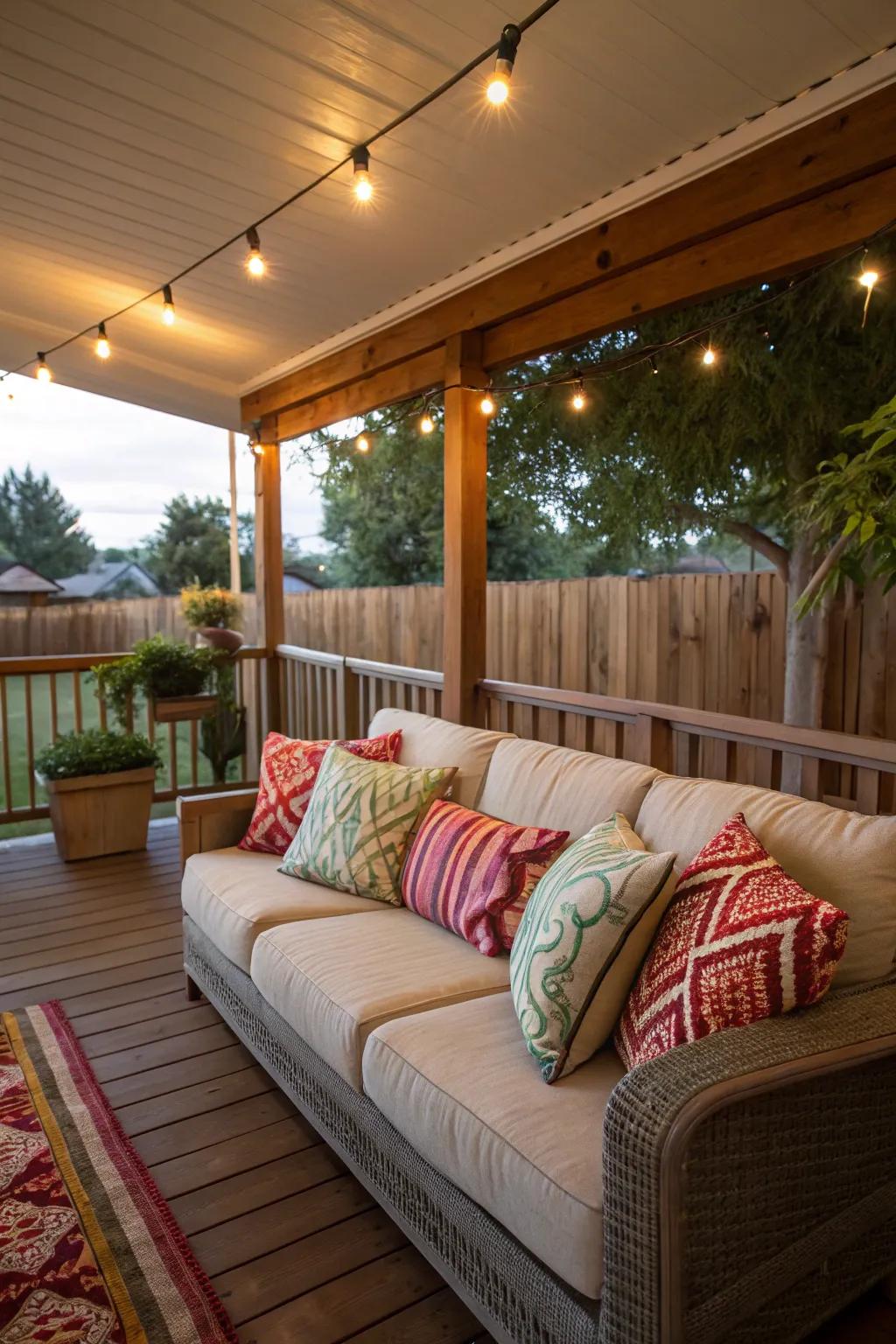 A plush sofa adorned with colorful cushions makes for an inviting porch setting.