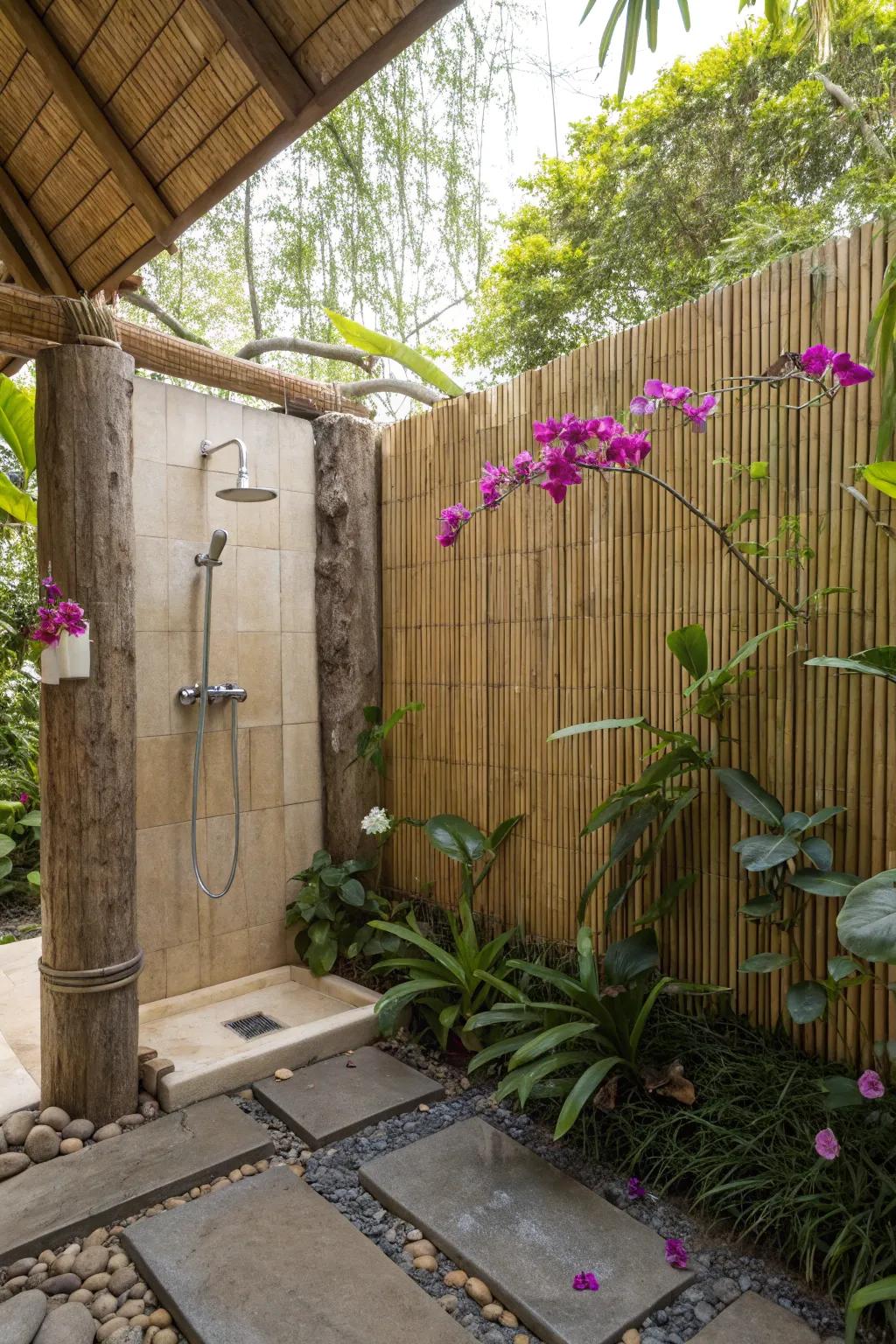 A tropical outdoor shower featuring bamboo walls and orchids.