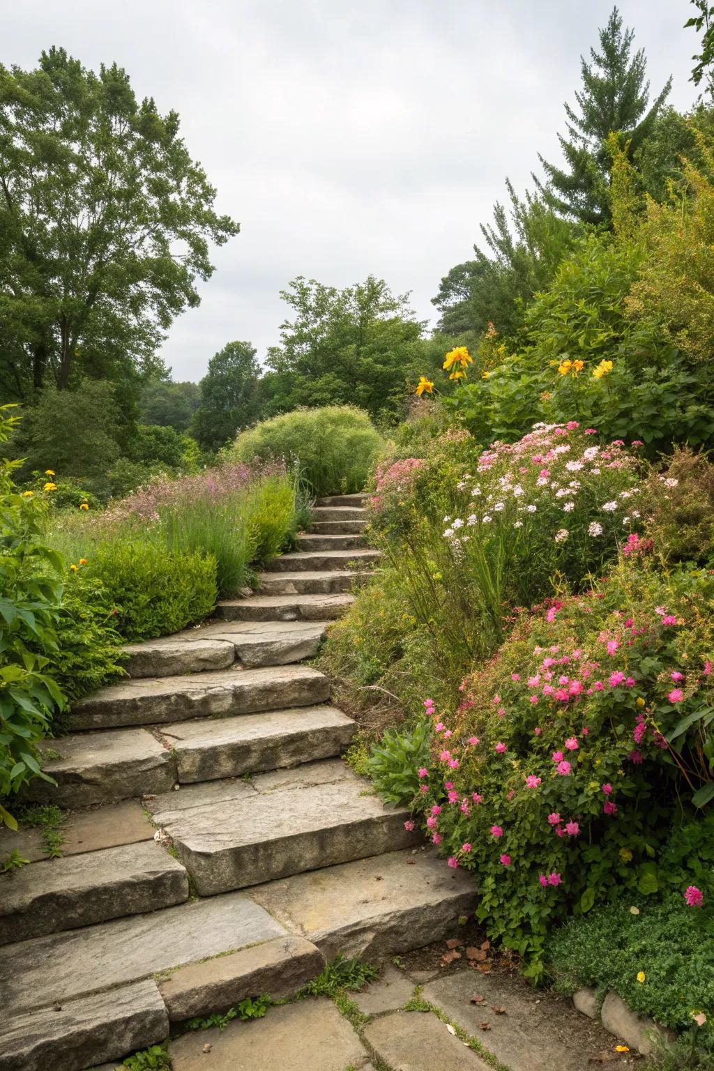 Natural stone steps create a harmonious pathway through a vibrant garden landscape.