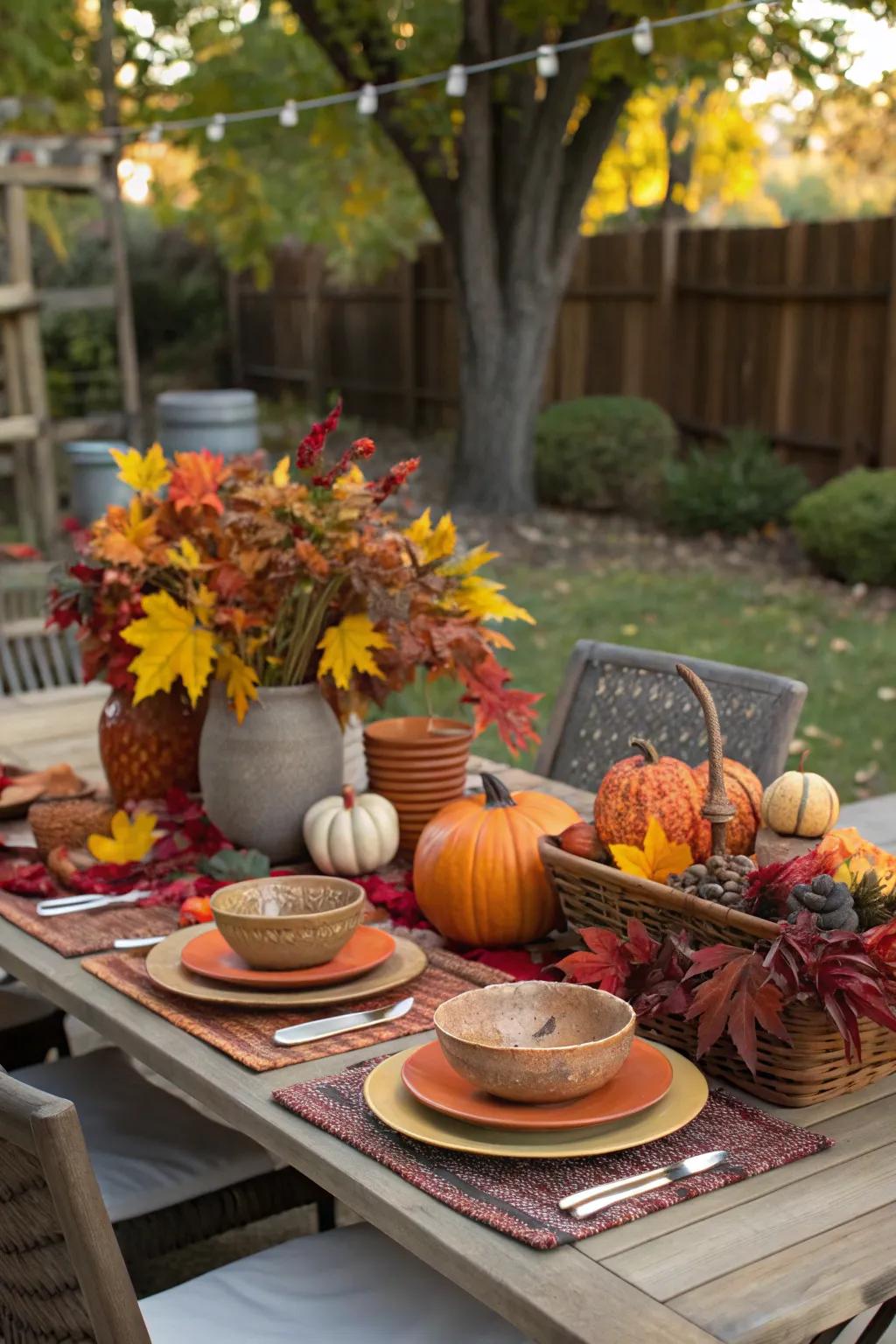 An enchanting outdoor dining arrangement adorned with autumnal highlights.