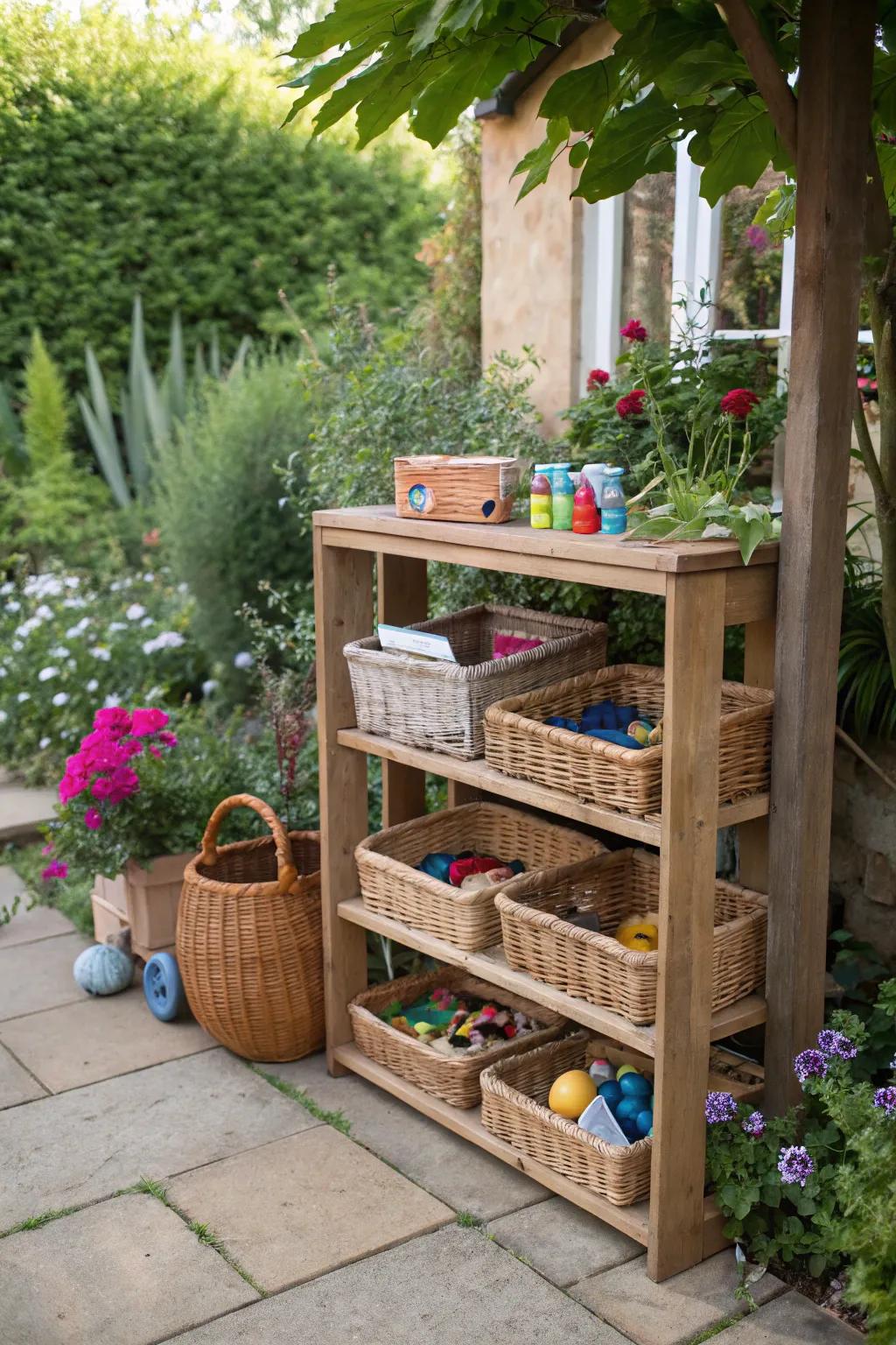 Shelving units with baskets offer a tidy solution for storing outdoor toys.