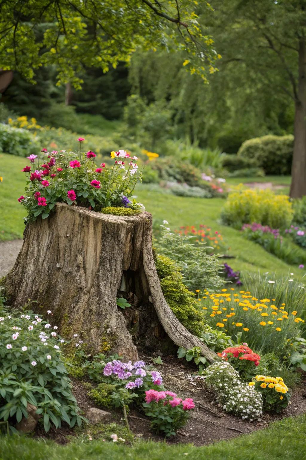 A vibrant tree stump planter adds character and floral beauty to your garden.